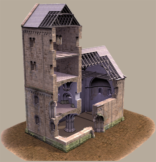 Pravděpodobný původní vzhled kostela v řezu (3D vizualizace), pohled od JZ