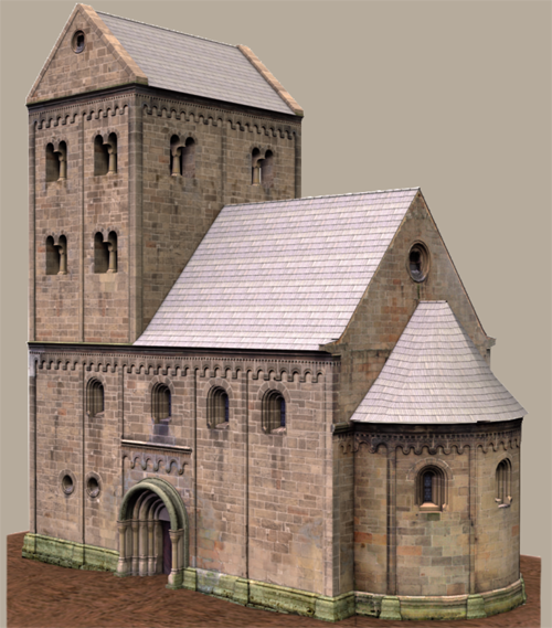 Pravděpodobný původní vzhled kostela v řezu (3D vizualizace), pohled od JV